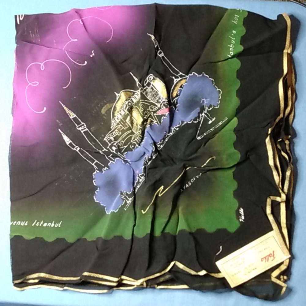 Vintage 1950s Falko Istanbul Souvenir Hand Painted Silk Scarf